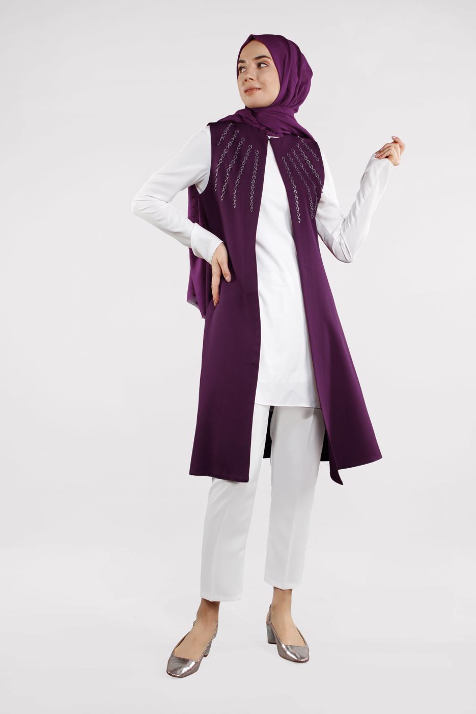 Tesettür giyim MOR TAŞLI VE BONCUKLU YELEK 32181