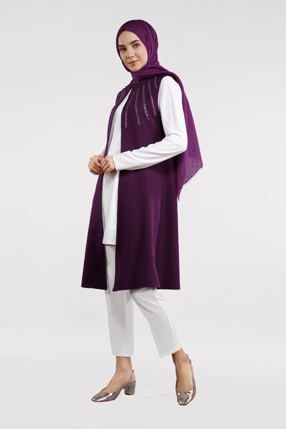 Tesettür giyim MOR TAŞLI VE BONCUKLU YELEK 32181