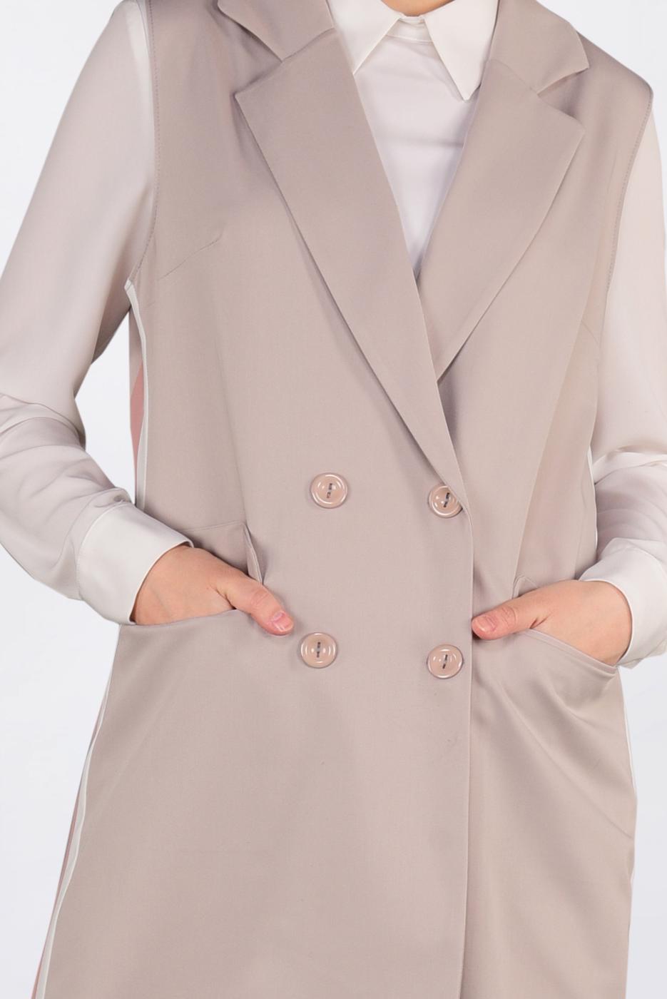 Tesettür giyim EKRU YANLARI ŞERİTLİ KRUVAZE YELEK 4297