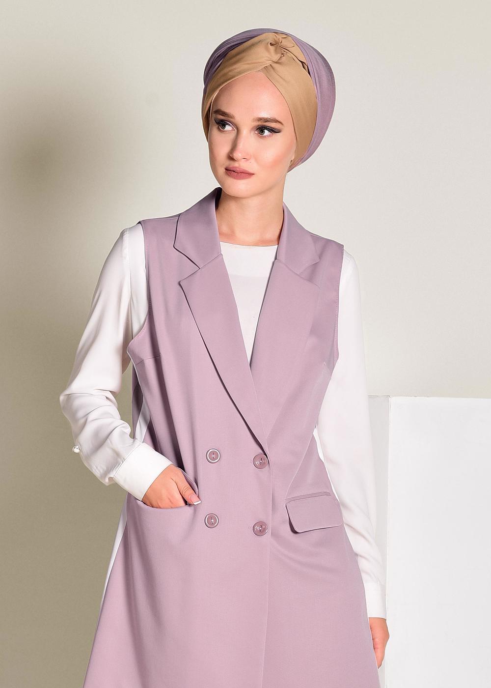 Tesettür giyim PUDRA YANLARI ŞERİTLİ KRUVAZE YELEK 4297