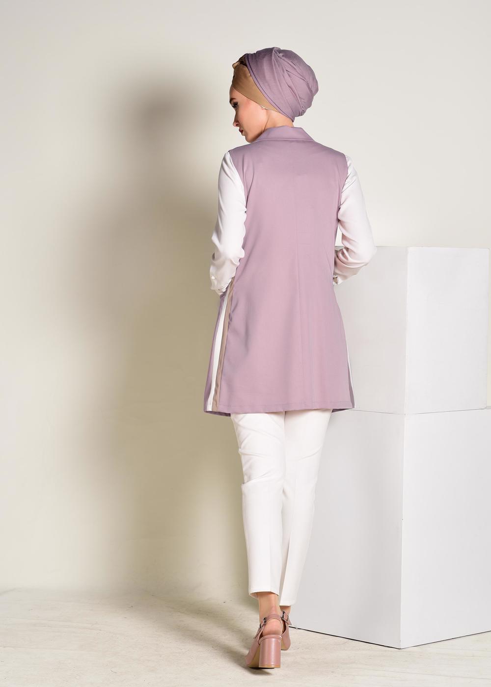 Tesettür giyim PUDRA YANLARI ŞERİTLİ KRUVAZE YELEK 4297