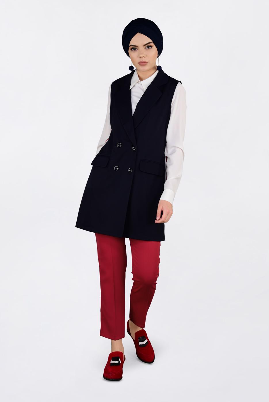 Tesettür giyim LACİVERT YANLARI ŞERİTLİ KRUVAZE YELEK 4297