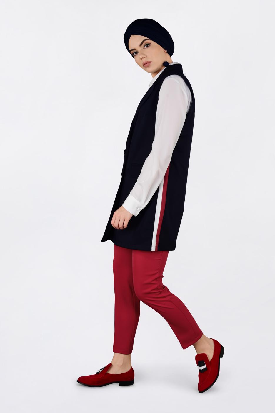 Tesettür giyim LACİVERT YANLARI ŞERİTLİ KRUVAZE YELEK 4297