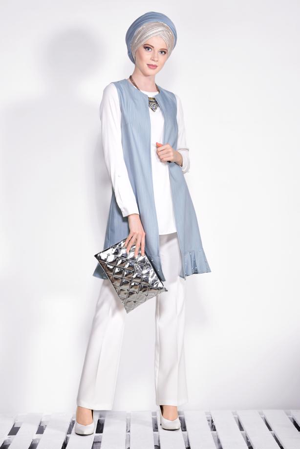 Tesettür giyim   ETEK UCU İNCİLİ VE VOLANLI YELEK 4331 - TRENDTESETTÜR