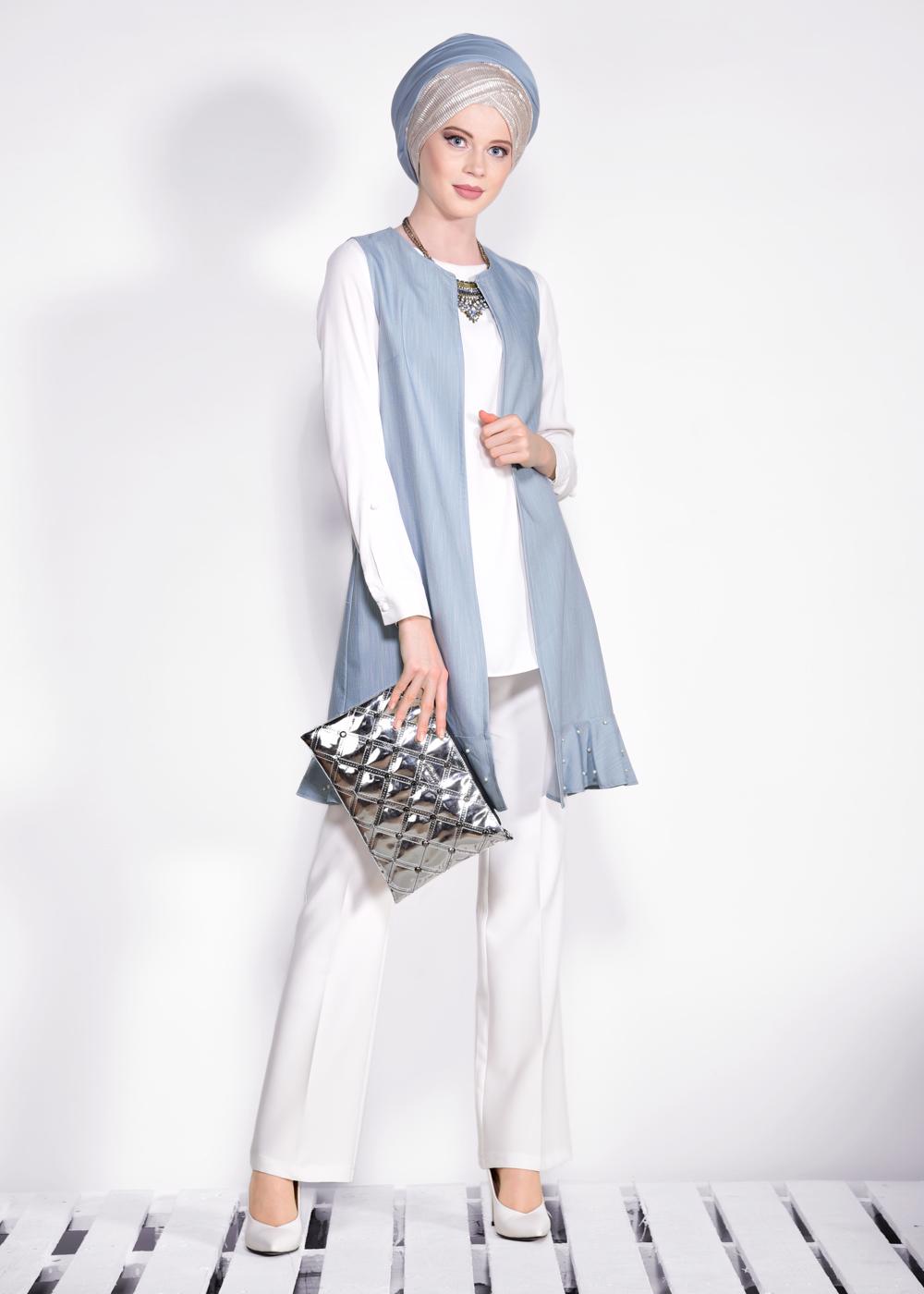 Tesettür giyim MAVİ  ETEK UCU İNCİLİ VE VOLANLI YELEK 4331