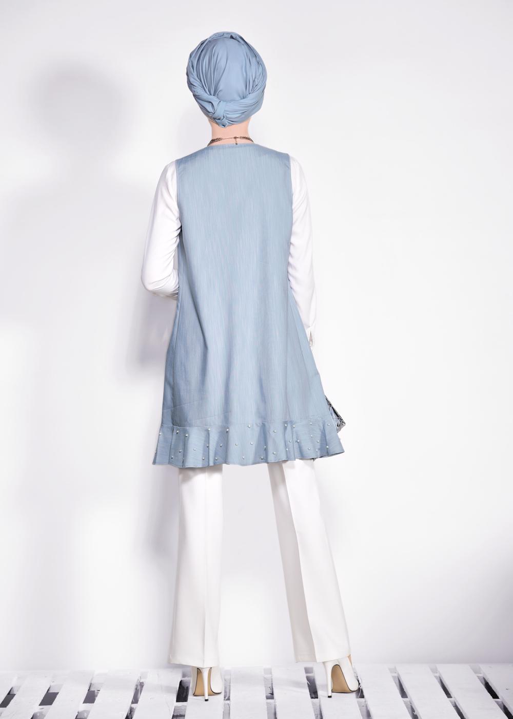 Tesettür giyim MAVİ  ETEK UCU İNCİLİ VE VOLANLI YELEK 4331