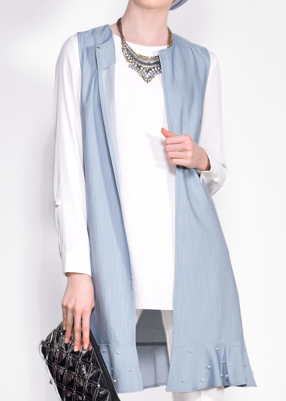 Tesettür giyim MAVİ  ETEK UCU İNCİLİ VE VOLANLI YELEK 4331