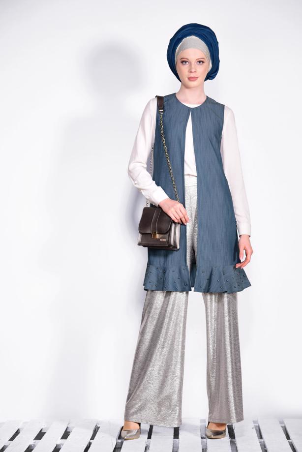 Tesettür giyim   ETEK UCU İNCİLİ VE VOLANLI YELEK 4331 - TRENDTESETTÜR