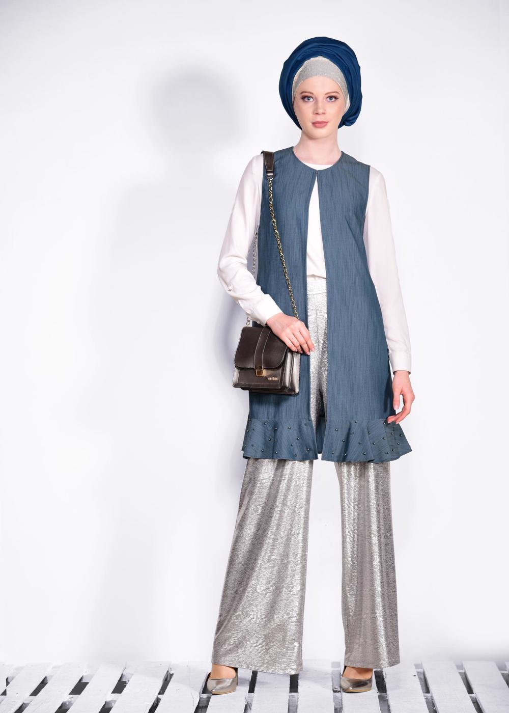 Tesettür giyim LACİVERT  ETEK UCU İNCİLİ VE VOLANLI YELEK 4331