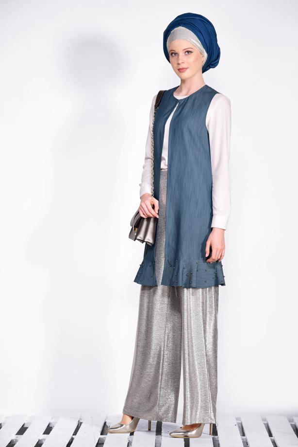 Tesettür giyim   ETEK UCU İNCİLİ VE VOLANLI YELEK 4331 - TRENDTESETTÜR