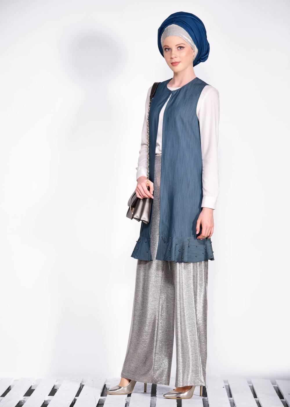 Tesettür giyim LACİVERT  ETEK UCU İNCİLİ VE VOLANLI YELEK 4331