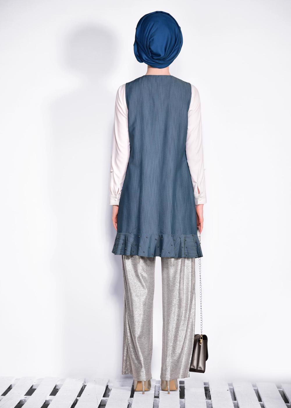 Tesettür giyim LACİVERT  ETEK UCU İNCİLİ VE VOLANLI YELEK 4331