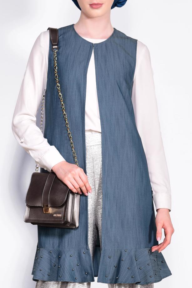 Tesettür giyim   ETEK UCU İNCİLİ VE VOLANLI YELEK 4331 - TRENDTESETTÜR