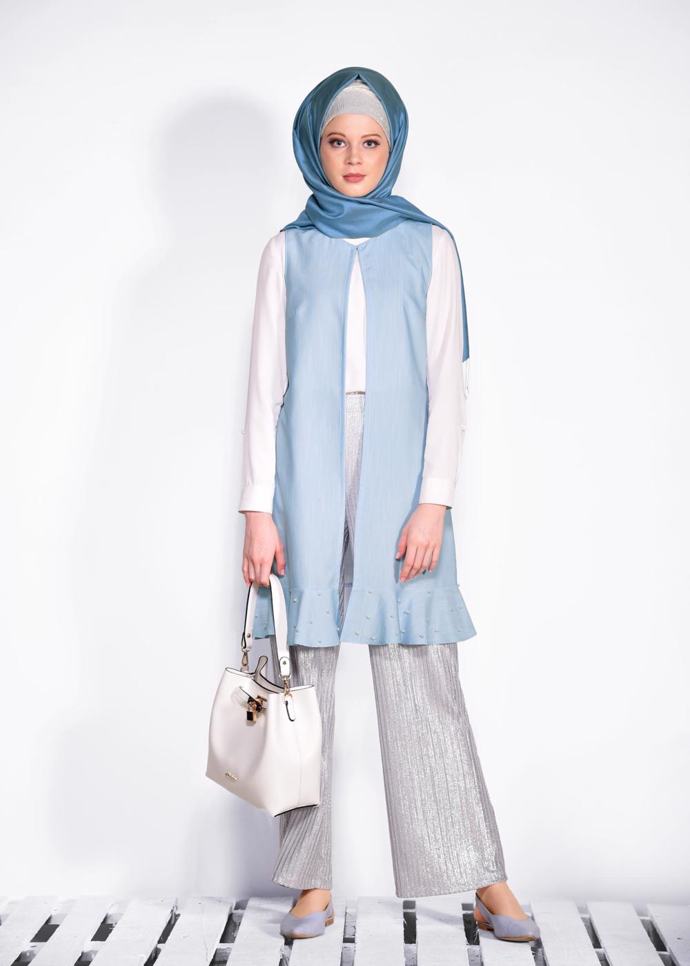 Tesettür giyim MAVİ  ETEK UCU İNCİLİ VE VOLANLI YELEK 4331