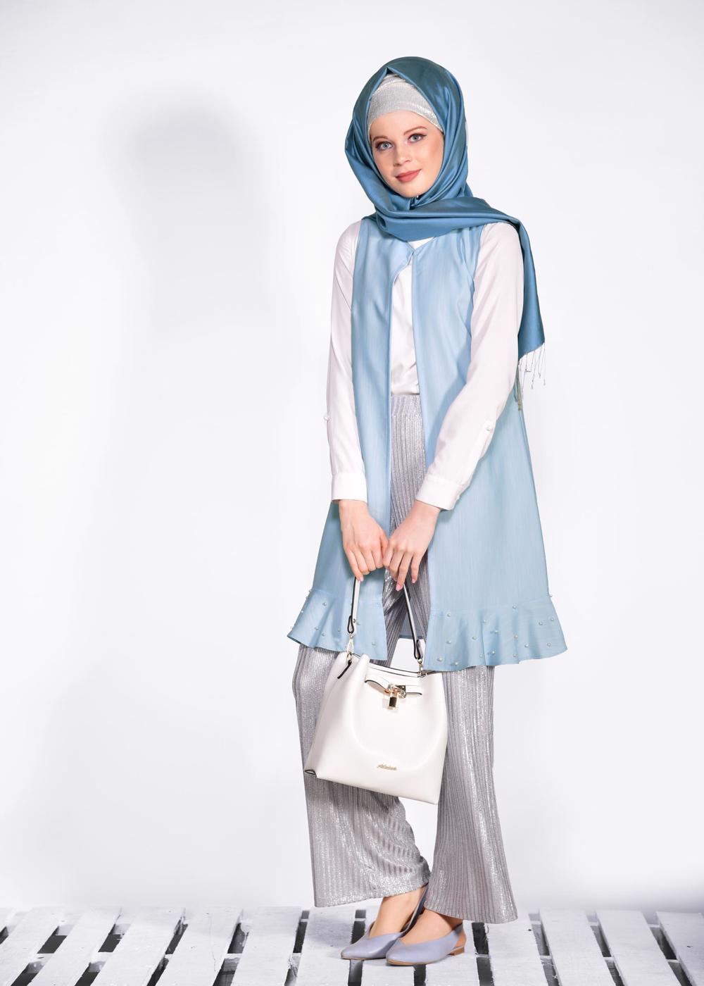 Tesettür giyim MAVİ  ETEK UCU İNCİLİ VE VOLANLI YELEK 4331