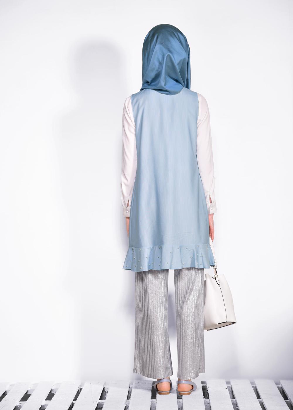 Tesettür giyim MAVİ  ETEK UCU İNCİLİ VE VOLANLI YELEK 4331