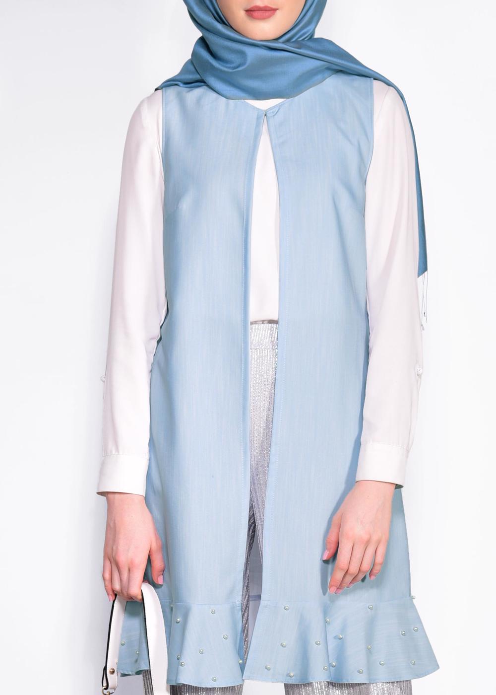 Tesettür giyim MAVİ  ETEK UCU İNCİLİ VE VOLANLI YELEK 4331