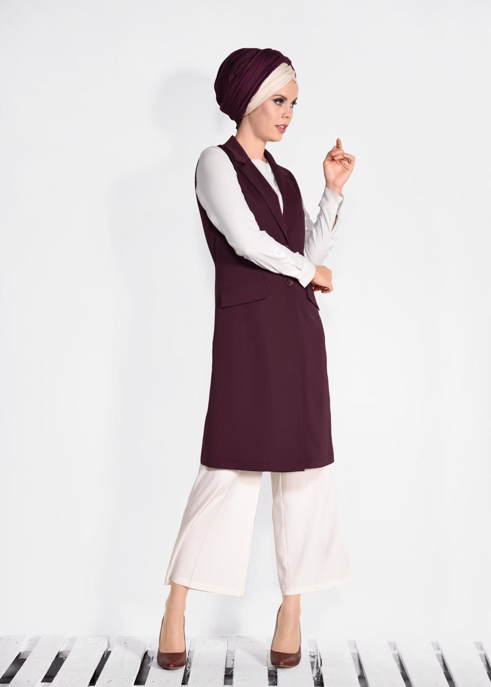 Tesettür giyim BORDO ÖNDEN DÜĞMELİ UZUN YELEK 4332
