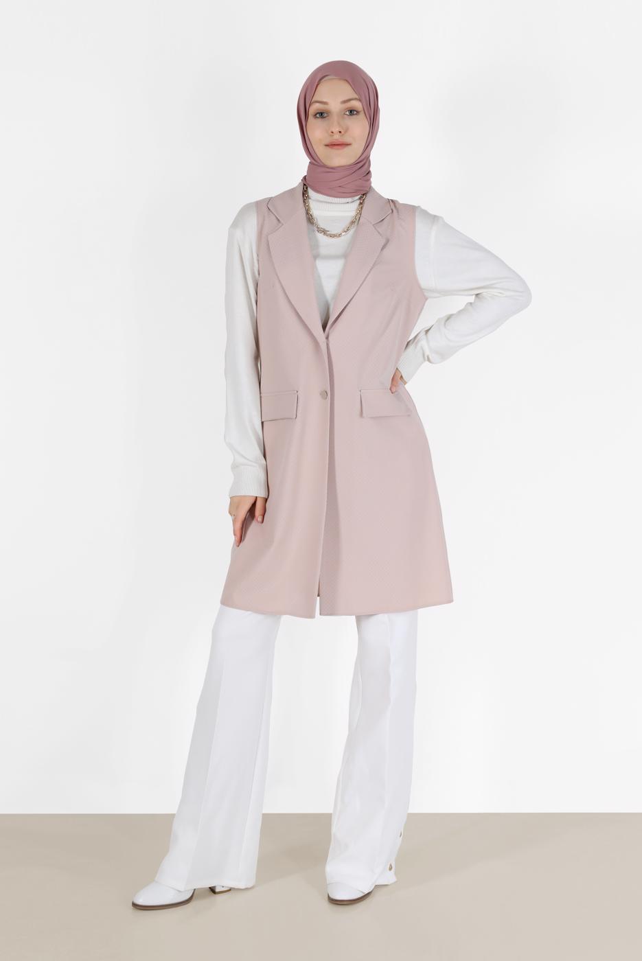 Tesettür giyim EKRU KLASİK YAKA DÜĞMELİ YELEK 4389	