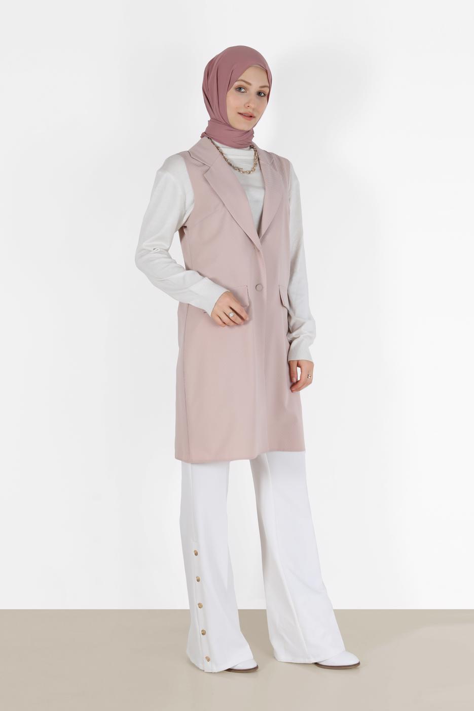 Tesettür giyim EKRU KLASİK YAKA DÜĞMELİ YELEK 4389	