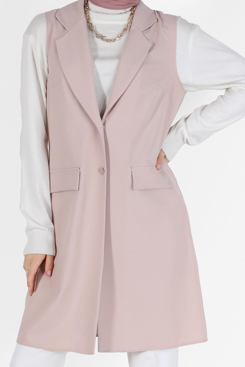 Tesettür giyim EKRU KLASİK YAKA DÜĞMELİ YELEK 4389	