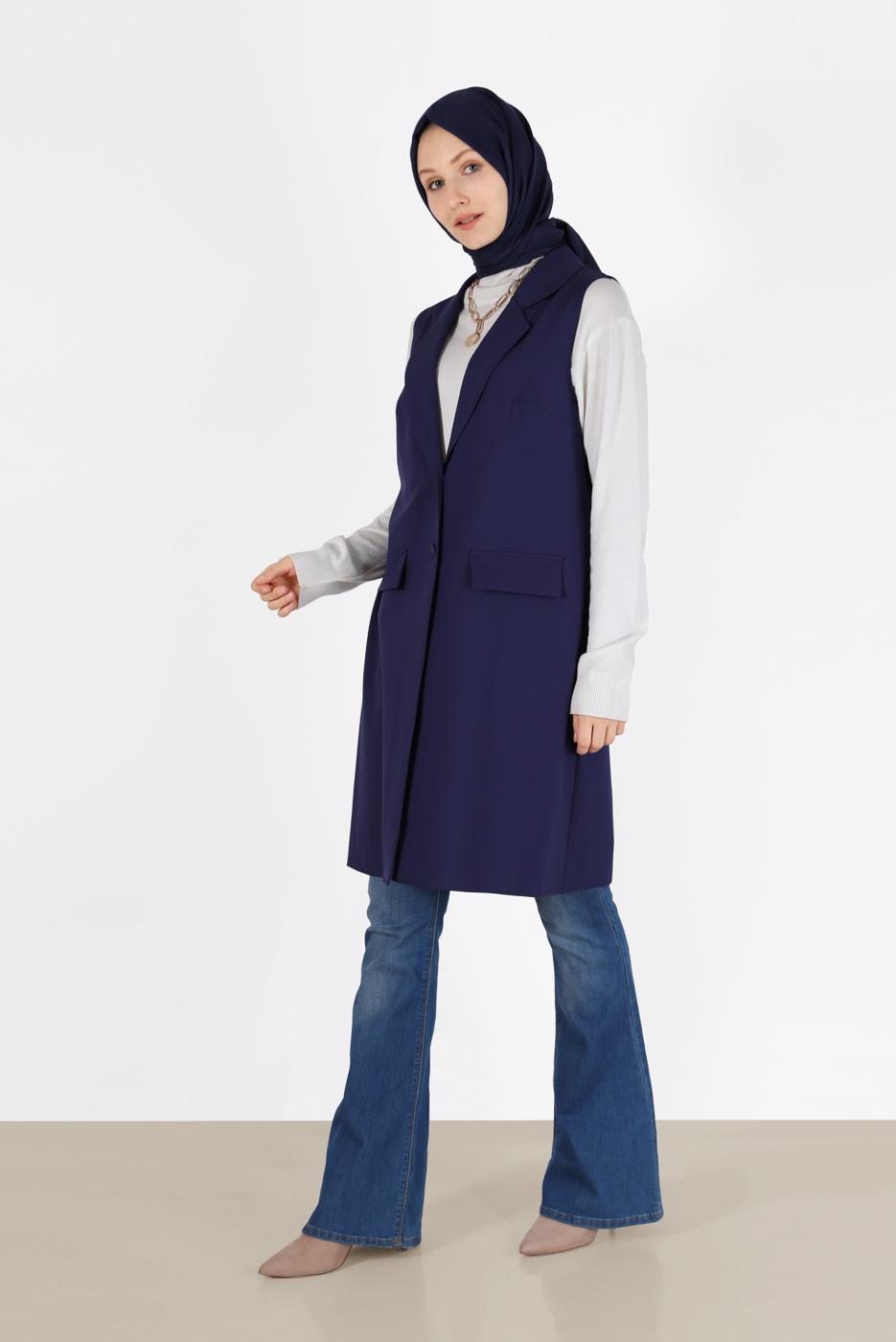 Tesettür giyim LACİVERT KLASİK YAKA DÜĞMELİ YELEK 4389	