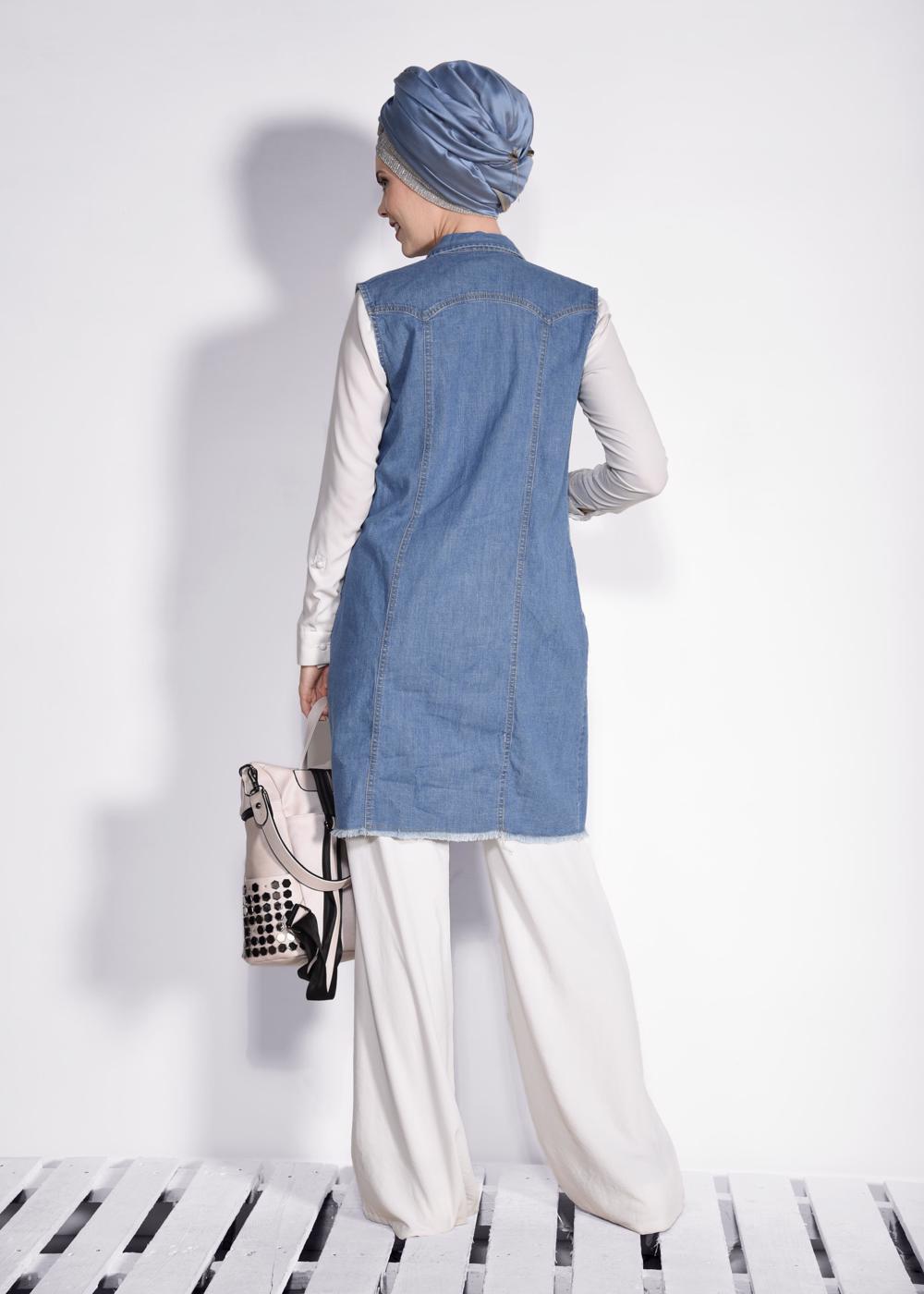 Tesettür giyim MAVİ ETEK UCU PÜSKÜLLÜ DENİM YELEK 4952