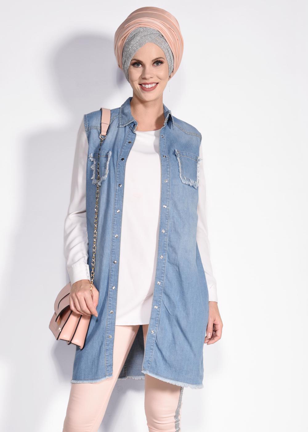 Vêtements hijab BLEU GILET EN JEAN À FRANGES 4952