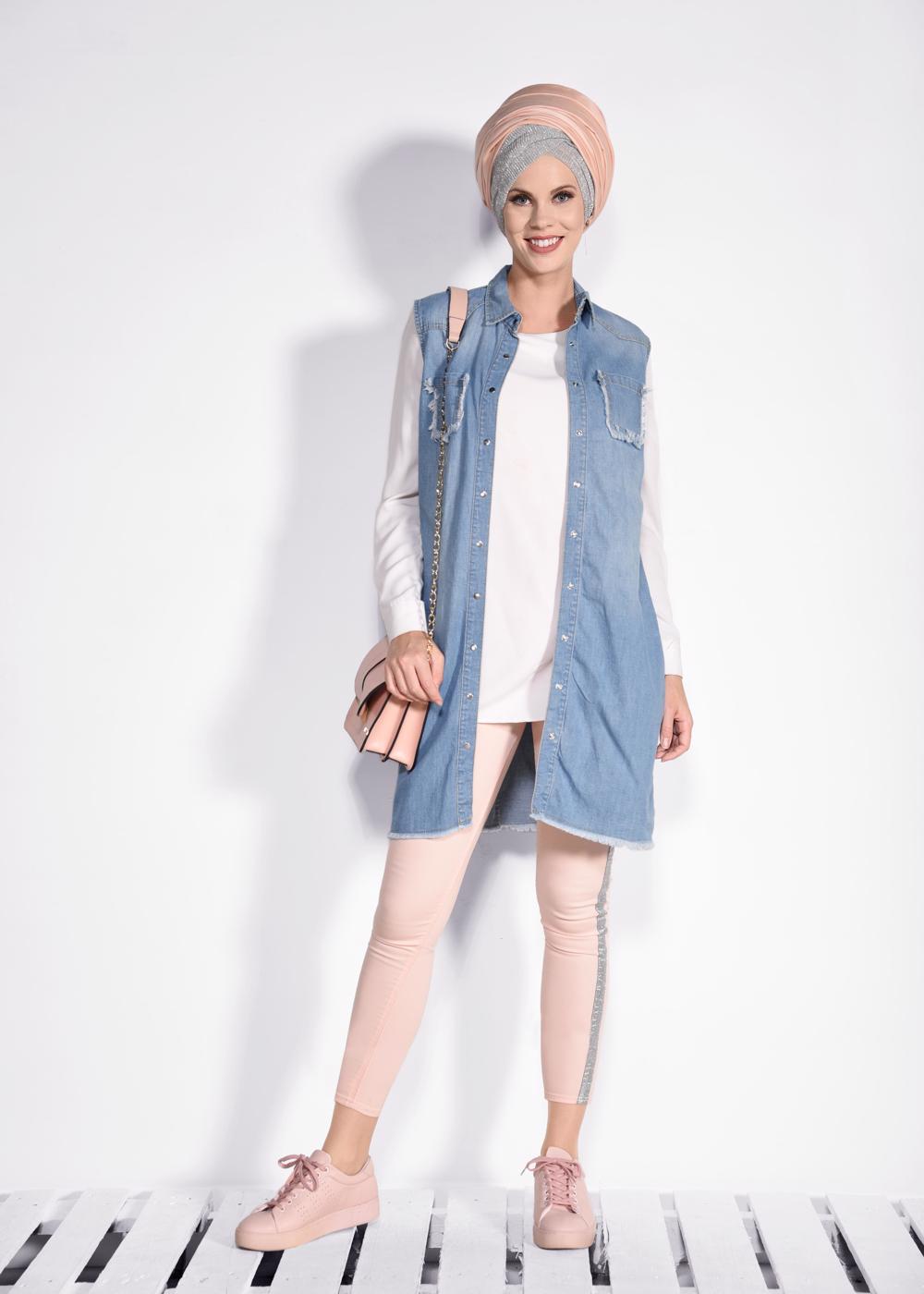Vêtements hijab BLEU GILET EN JEAN À FRANGES 4952