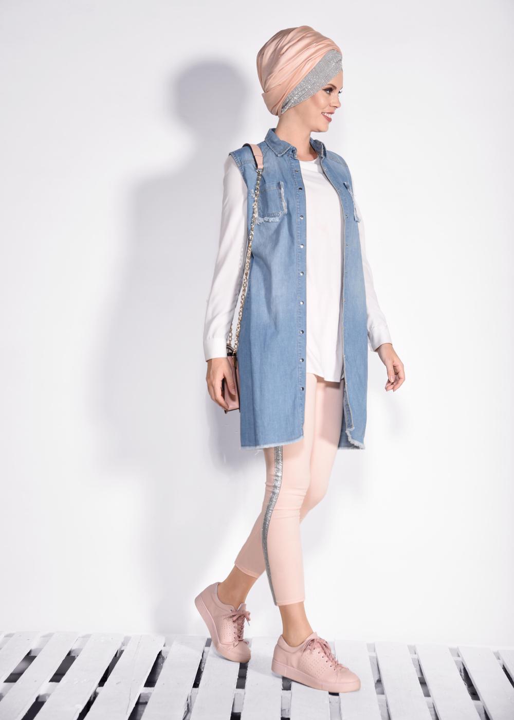 Vêtements hijab BLEU GILET EN JEAN À FRANGES 4952