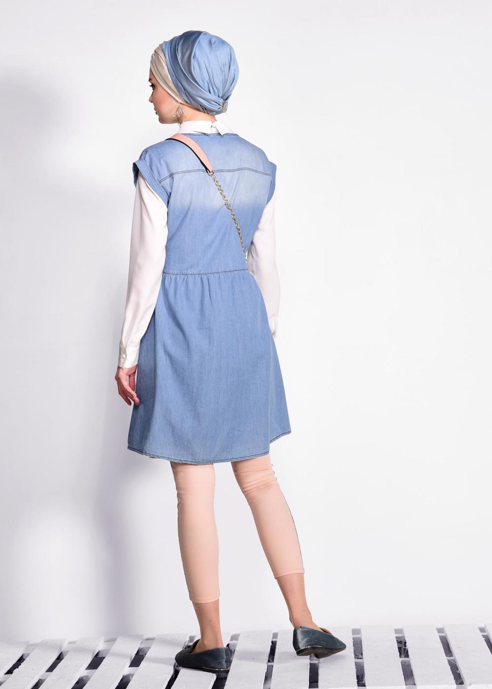 Tesettür giyim MAVİ BOYDAN ÇITÇITLI PAMUKLU DENİM YELEK 4955