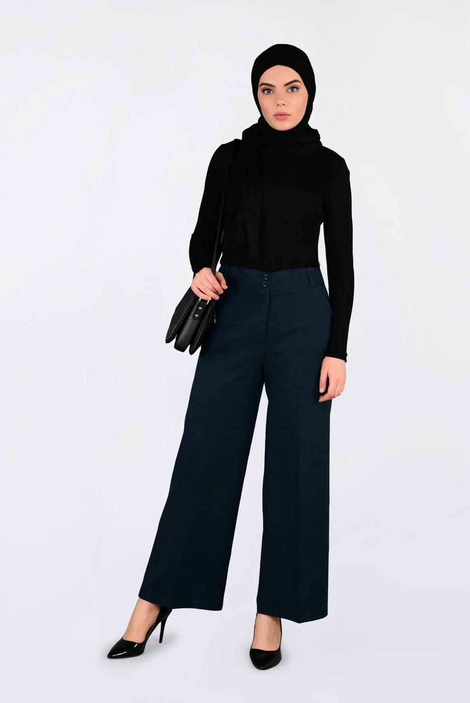 Tesettür giyim MAVİ FİTİLLİ GENİŞ KESİM PANTOLON 7448 