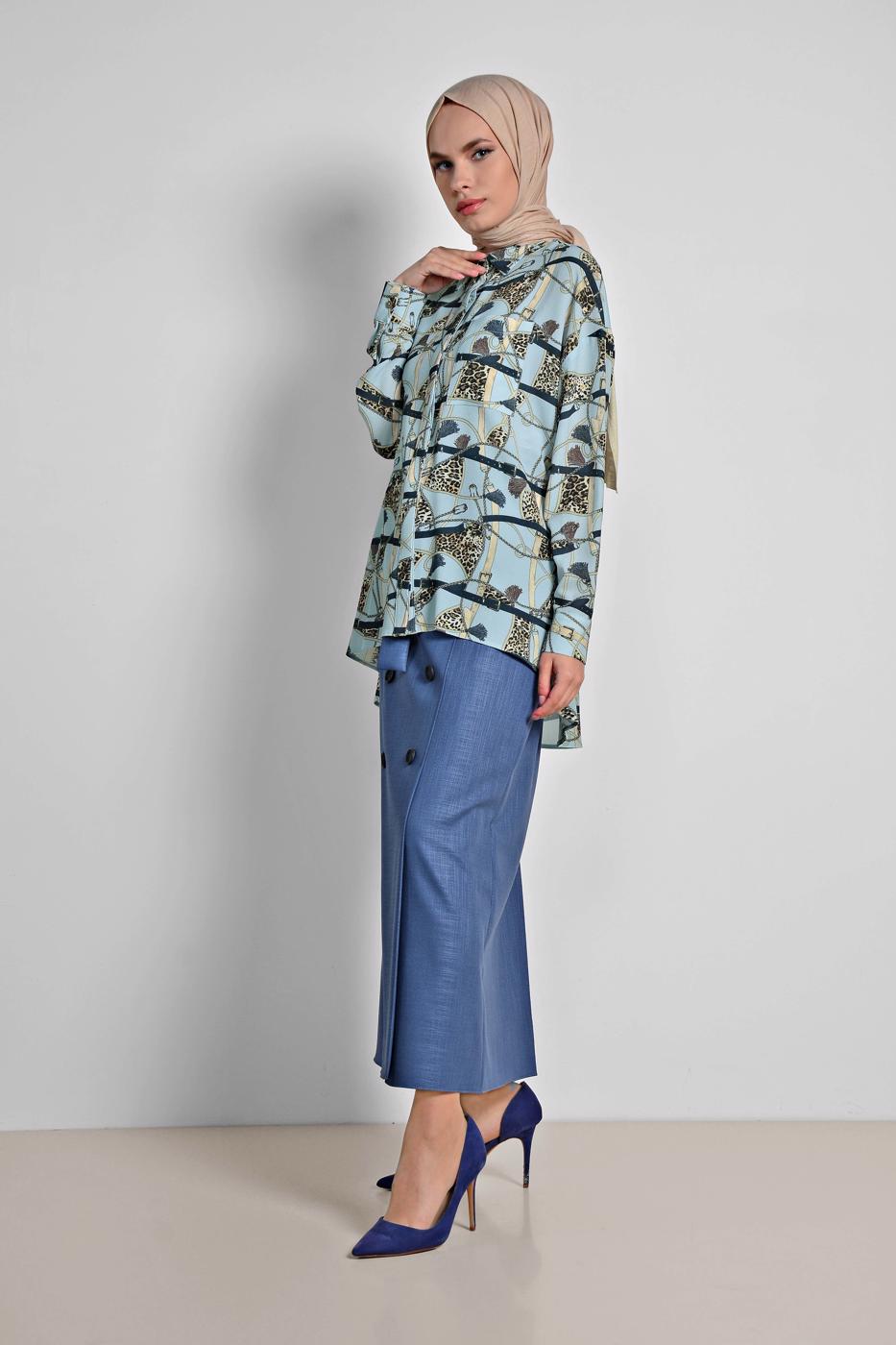 Tesettür giyim MAVİ ALVİNA ETEK UCU VOLANLI MİX DESENLİ BLUZ 4116