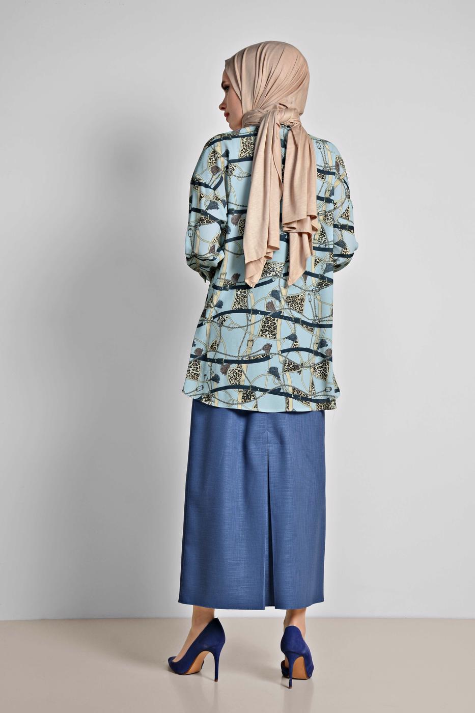 Tesettür giyim MAVİ ALVİNA ETEK UCU VOLANLI MİX DESENLİ BLUZ 4116