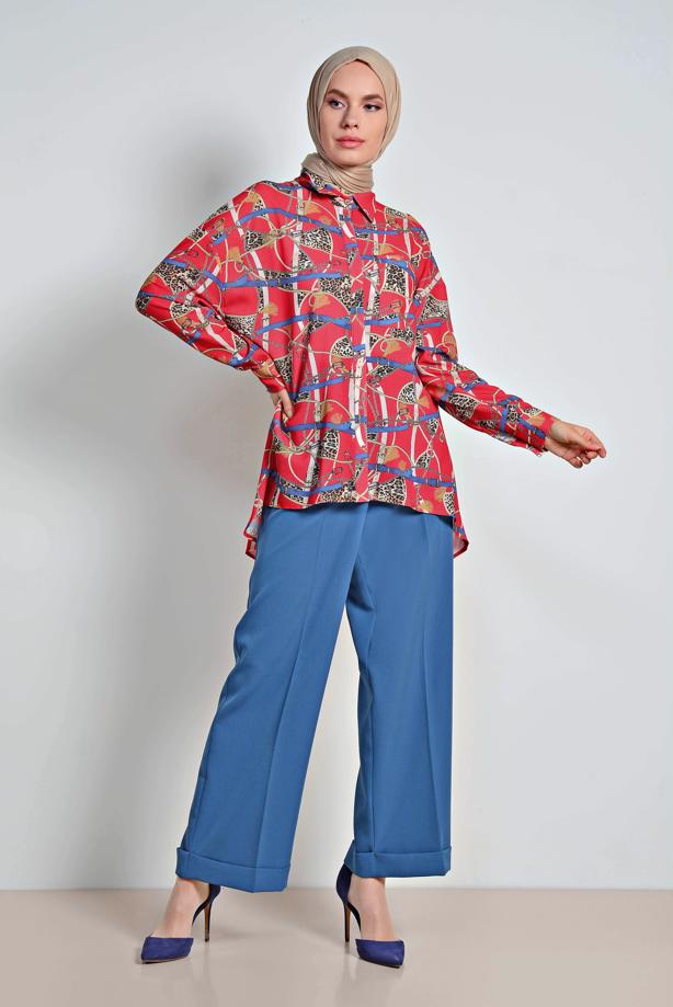 Tesettür giyim  ALVİNA ETEK UCU VOLANLI MİX DESENLİ BLUZ 4116 - TRENDTESETTÜR