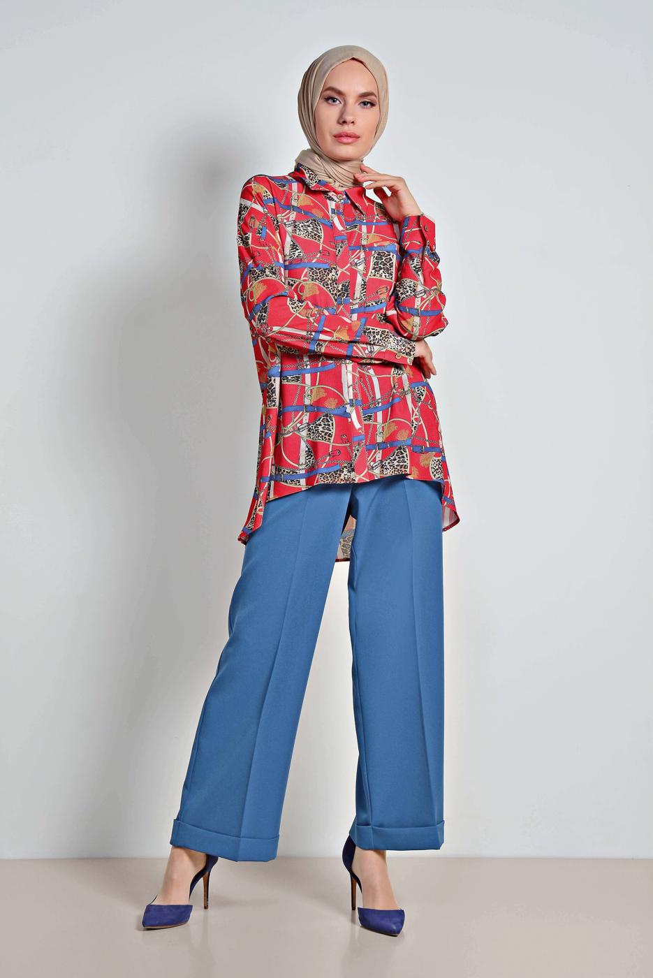 Tesettür giyim KIRMIZI ALVİNA ETEK UCU VOLANLI MİX DESENLİ BLUZ 4116