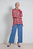 Tesettür giyim KIRMIZI ALVİNA ETEK UCU VOLANLI MİX DESENLİ BLUZ 4116