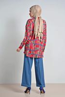 Tesettür giyim KIRMIZI ALVİNA ETEK UCU VOLANLI MİX DESENLİ BLUZ 4116