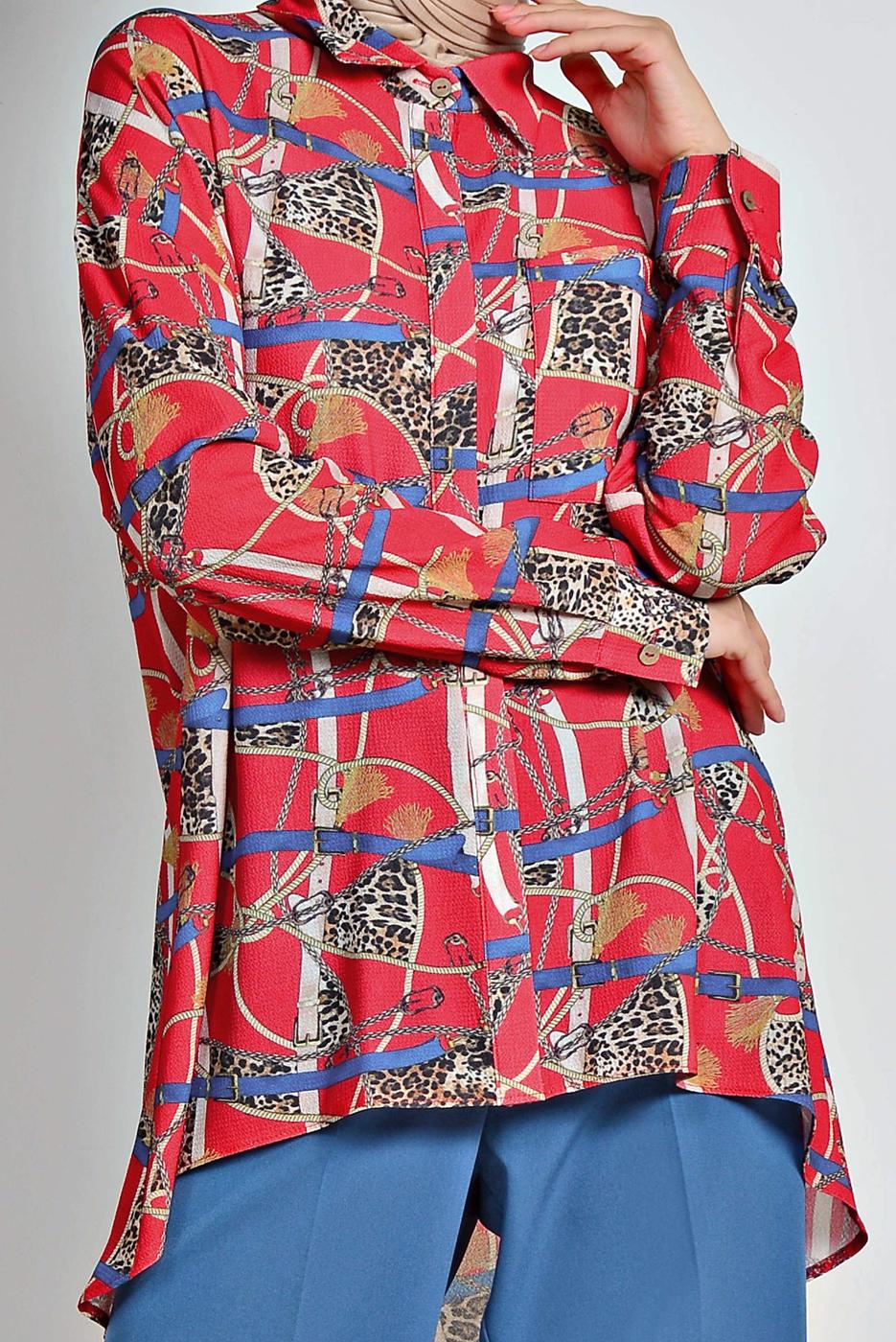 Tesettür giyim KIRMIZI ALVİNA ETEK UCU VOLANLI MİX DESENLİ BLUZ 4116