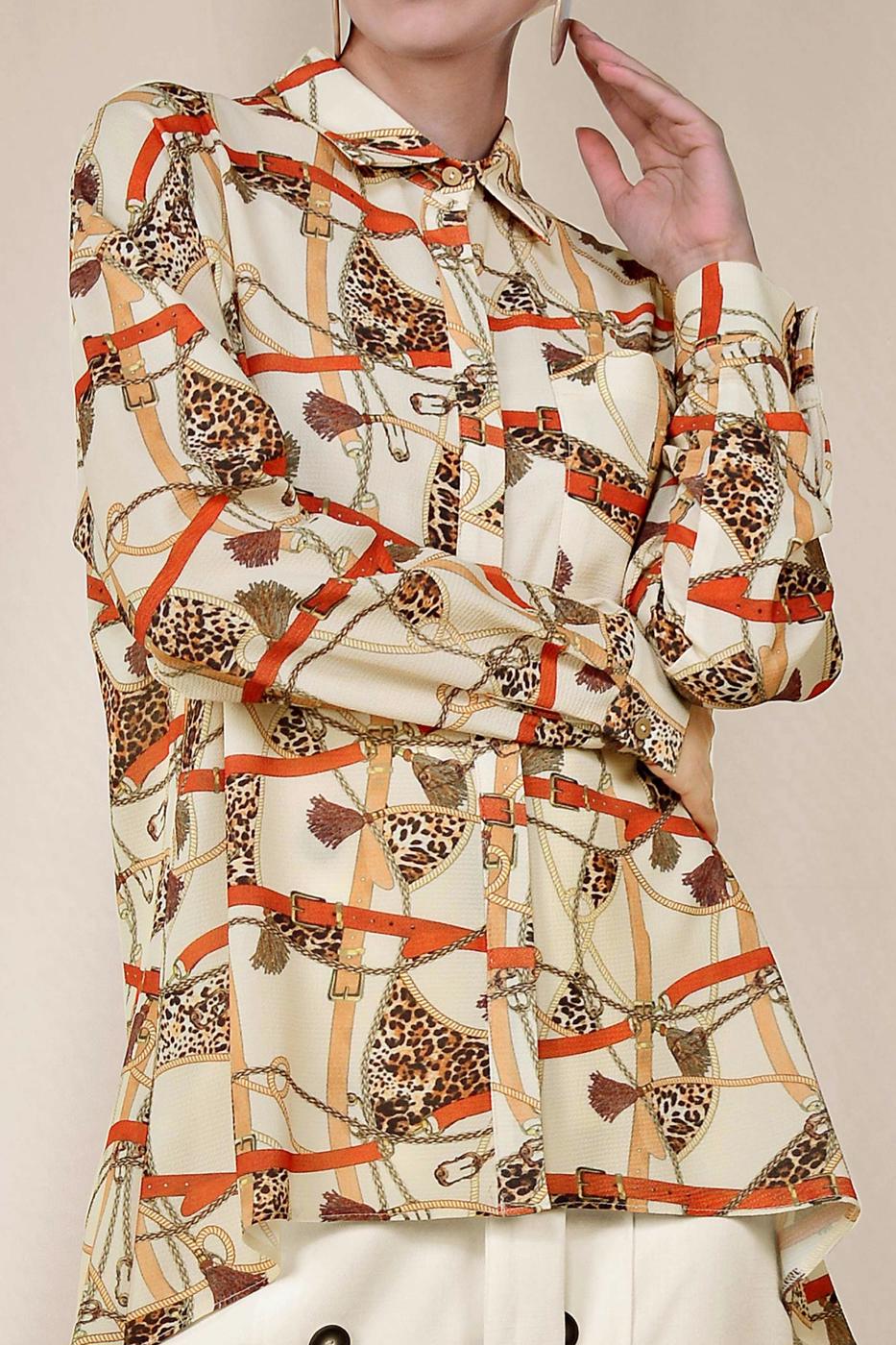 Tesettür giyim KREM ALVİNA ETEK UCU VOLANLI MİX DESENLİ BLUZ 4116