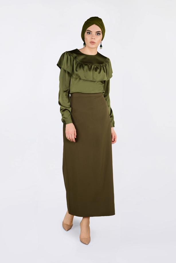 Tesettür giyim HAKİ ALVİNA FIRFIRLI BLUZ 4202 - TRENDTESETTÜR