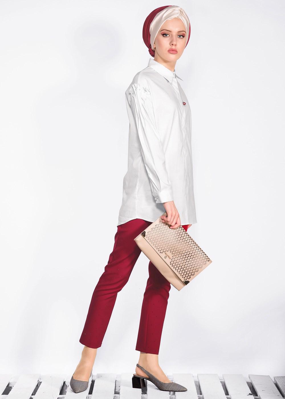 Tesettür giyim BEYAZ ALVİNA GİZLİ DÜĞMELİ BLUZ 4231