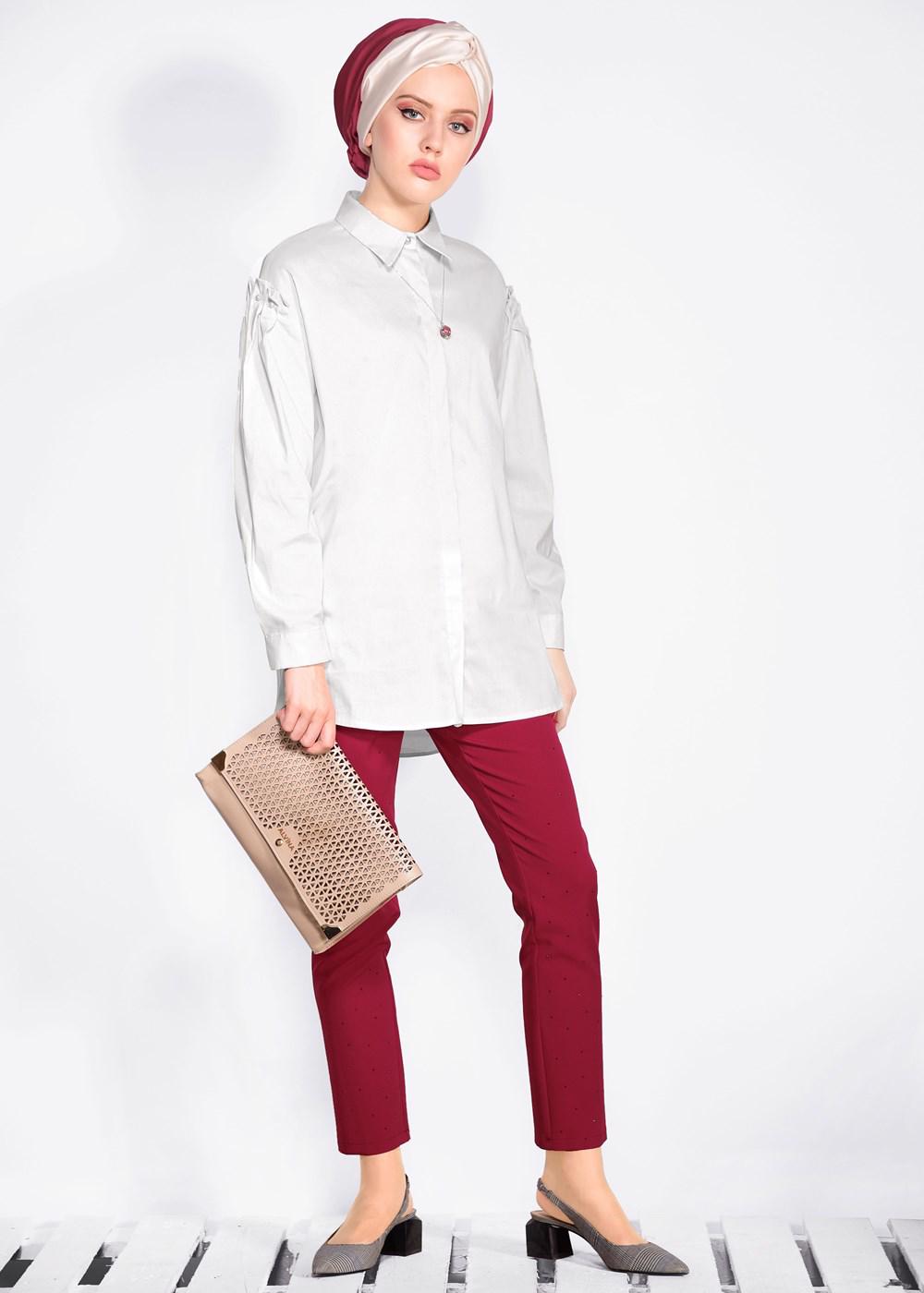 Tesettür giyim BEYAZ ALVİNA GİZLİ DÜĞMELİ BLUZ 4231