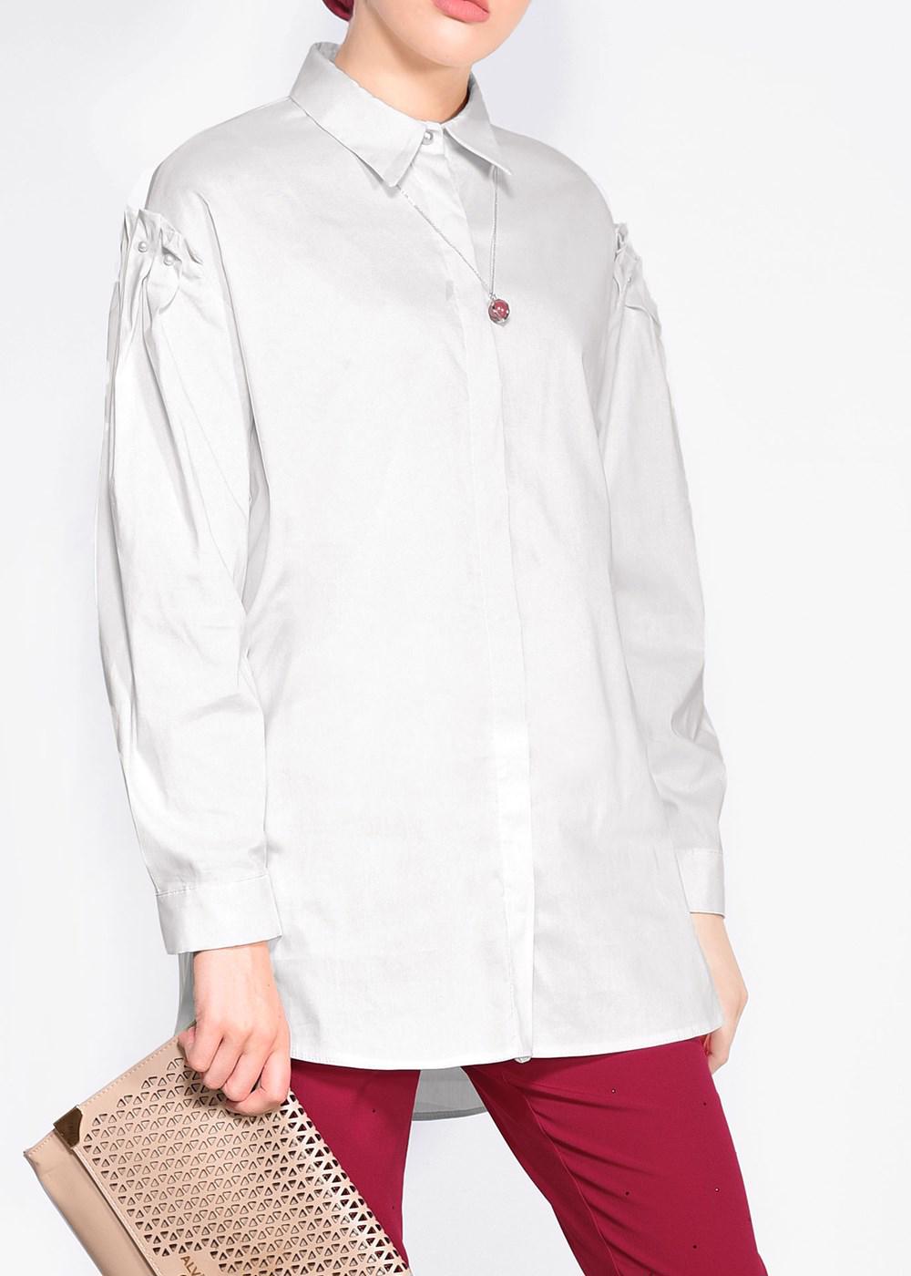 Tesettür giyim BEYAZ ALVİNA GİZLİ DÜĞMELİ BLUZ 4231