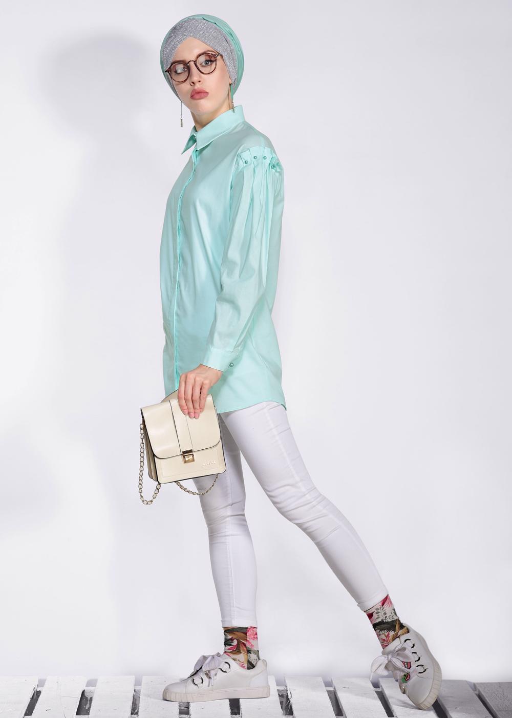 Tesettür giyim YEŞİL ALVİNA GİZLİ DÜĞMELİ BLUZ 4231