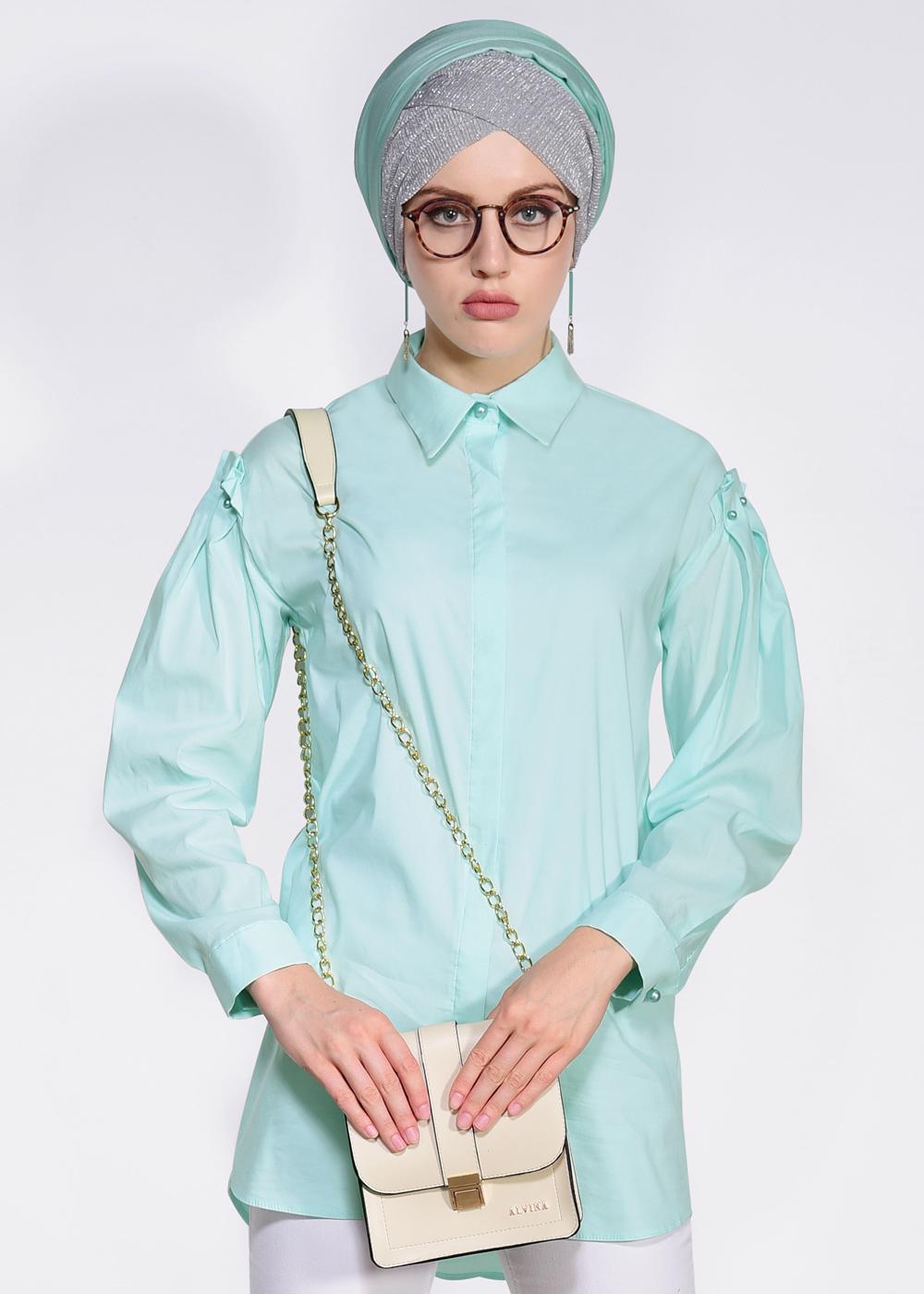 Tesettür giyim YEŞİL ALVİNA GİZLİ DÜĞMELİ BLUZ 4231