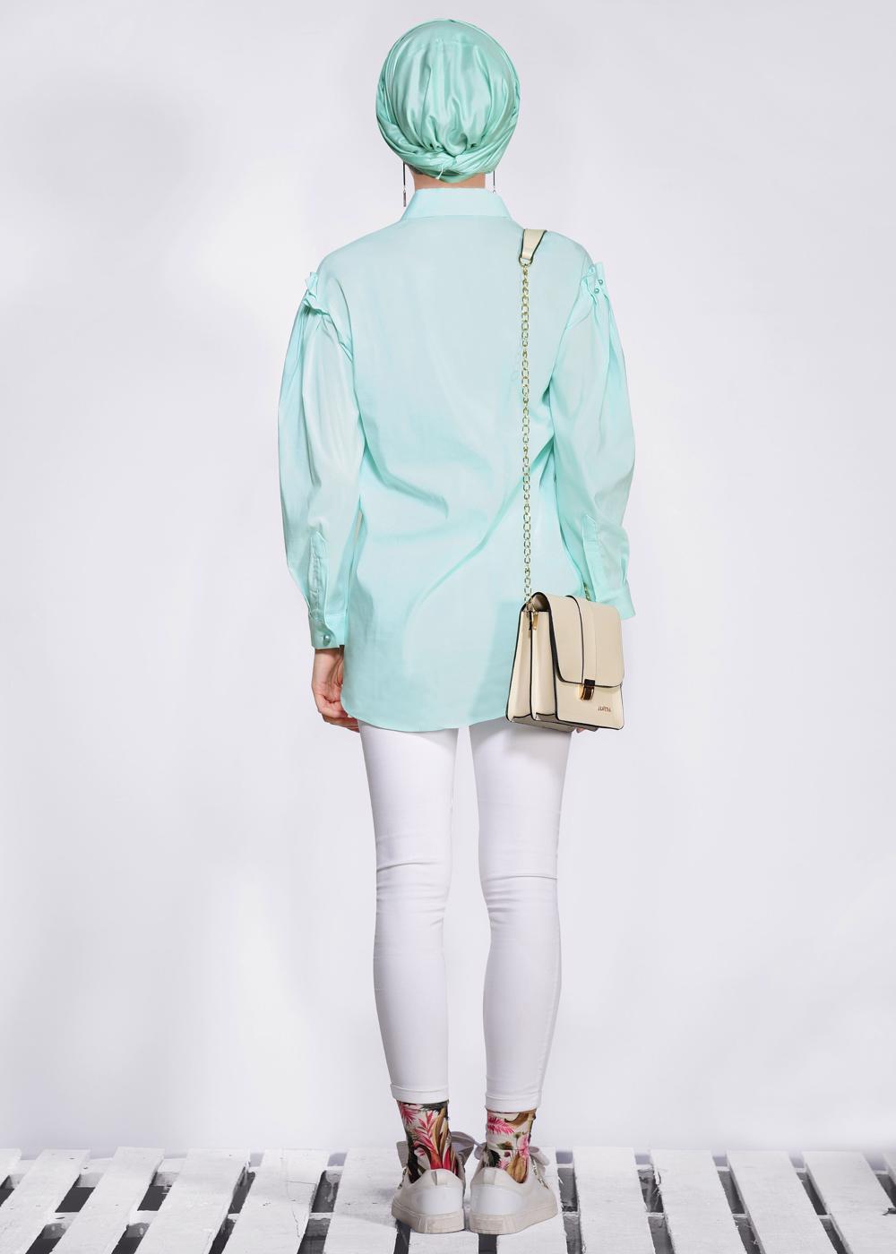 Tesettür giyim YEŞİL ALVİNA GİZLİ DÜĞMELİ BLUZ 4231