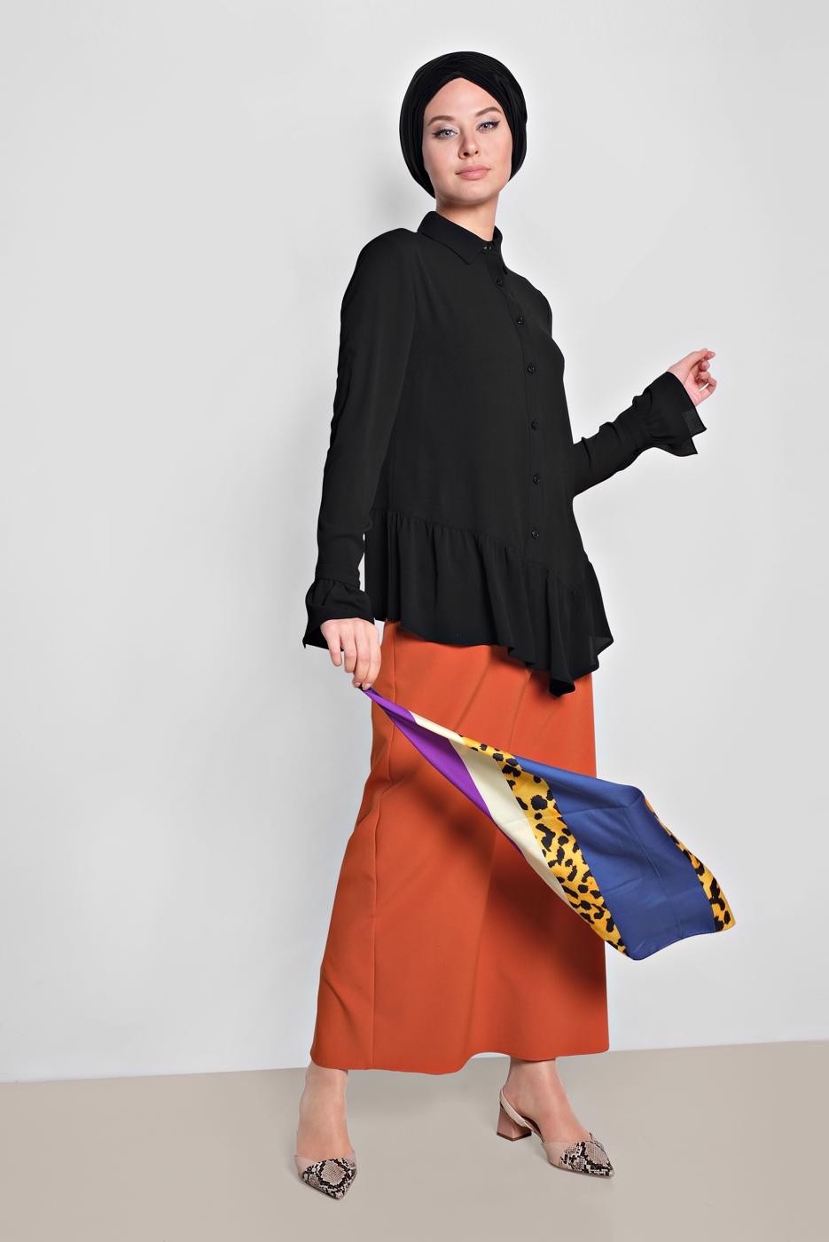 Tesettür giyim SİYAH ALVİNA ETEK UCU FIRFIRLI BLUZ 4234