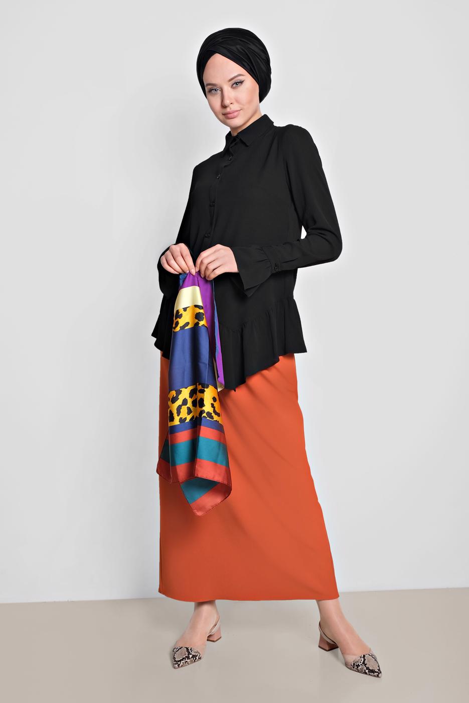 Tesettür giyim SİYAH ALVİNA ETEK UCU FIRFIRLI BLUZ 4234