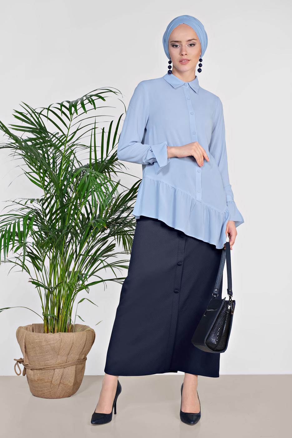 Tesettür giyim MAVİ ALVİNA ETEK UCU FIRFIRLI BLUZ 4234